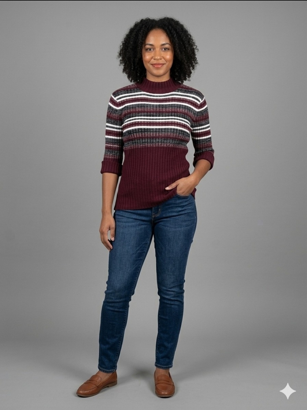 Striped Ribbed Knit Sweater in Burgundy